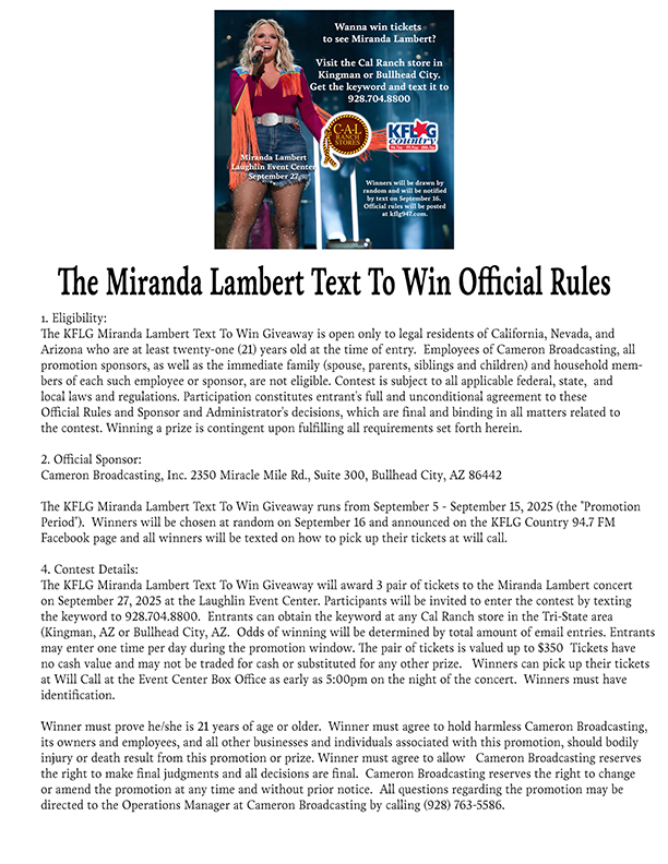 KFLG Country The Miranda Lambert Text To Win Official Rules